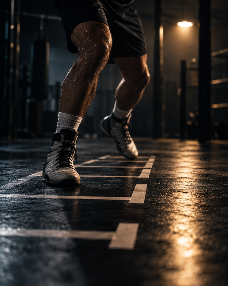 Boxing footwork on tape ladder under one gym light in a dark gym