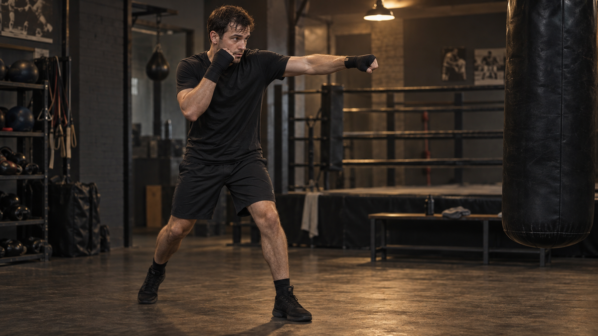 Beginner practicing a slow lead hand jab in a boxing gym