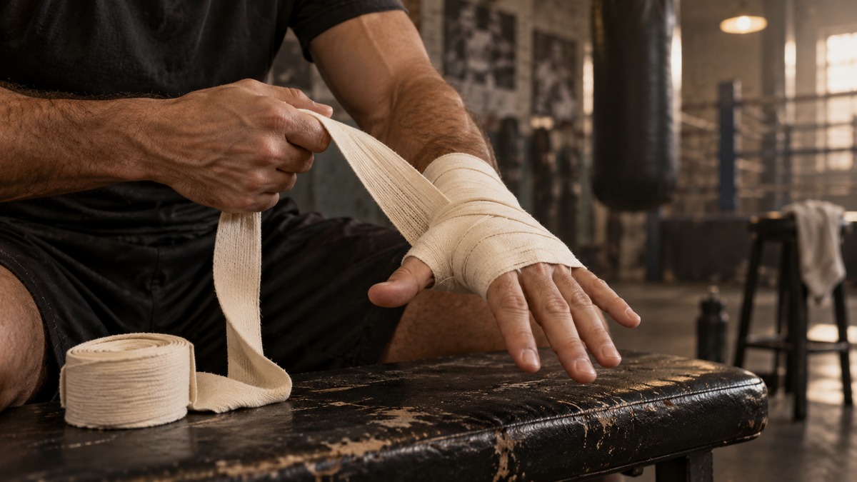 Hands winding cream hand wraps around a wrist at a boxing gym bench