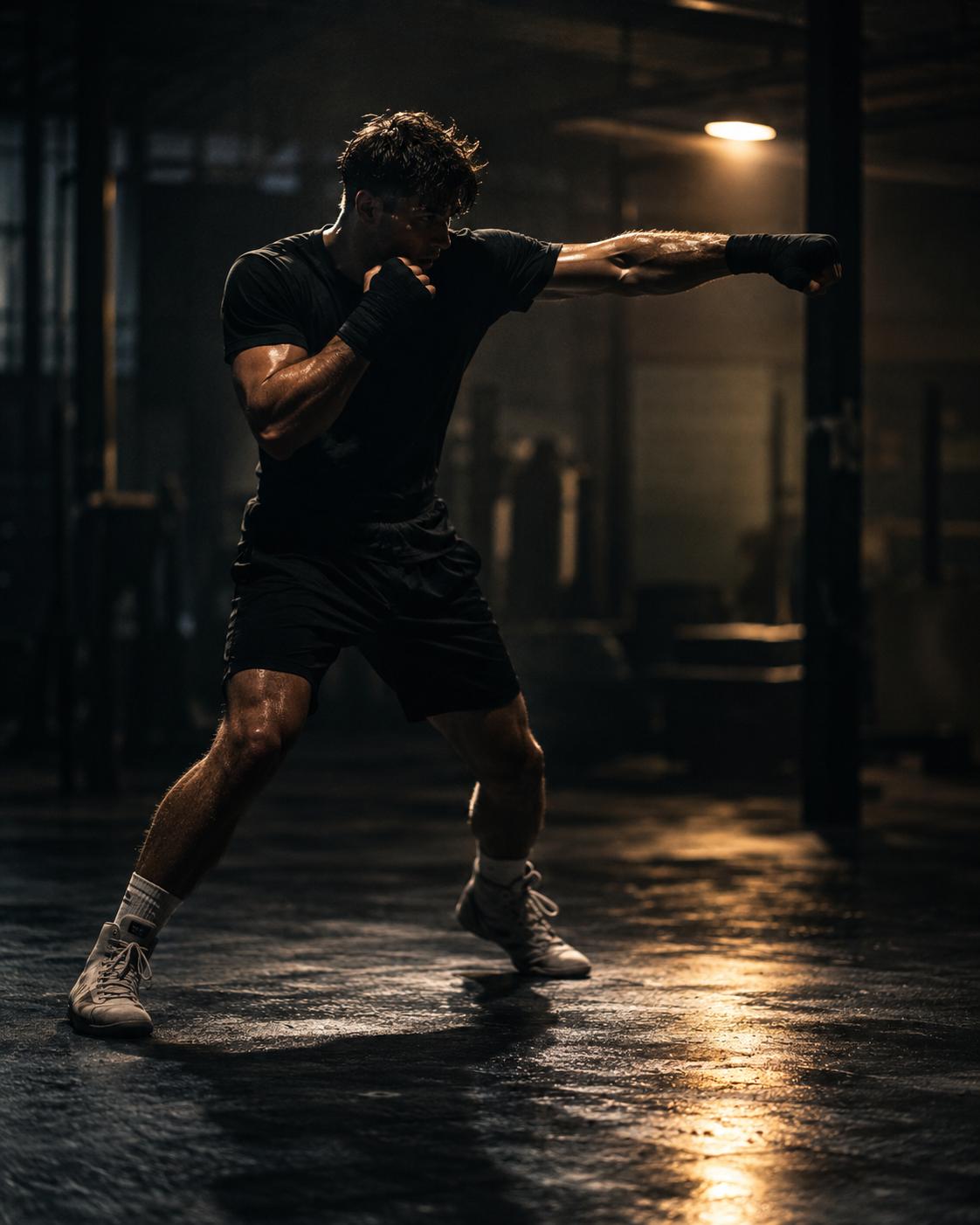 Shadow boxer in guard under one gym light in a dark room