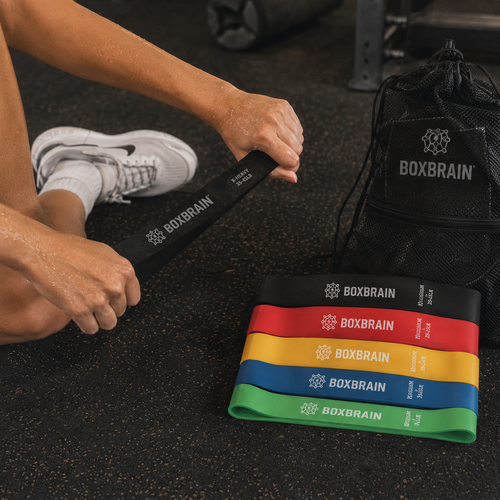 BOXBRAIN resistance band set close up in a training gym