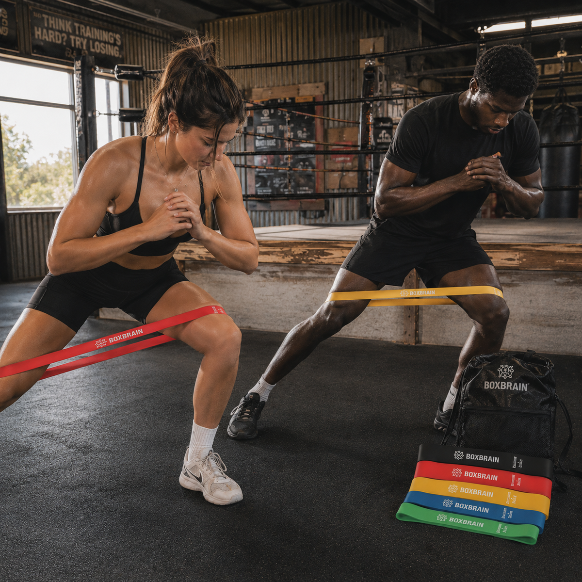 BOXBRAIN athletes warming up with resistance bands in a boxing gym